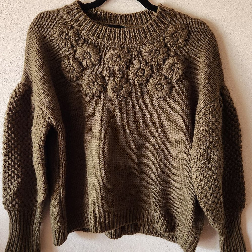 Cliche Olive Floral Knit Sweater Balloon Sleeves
